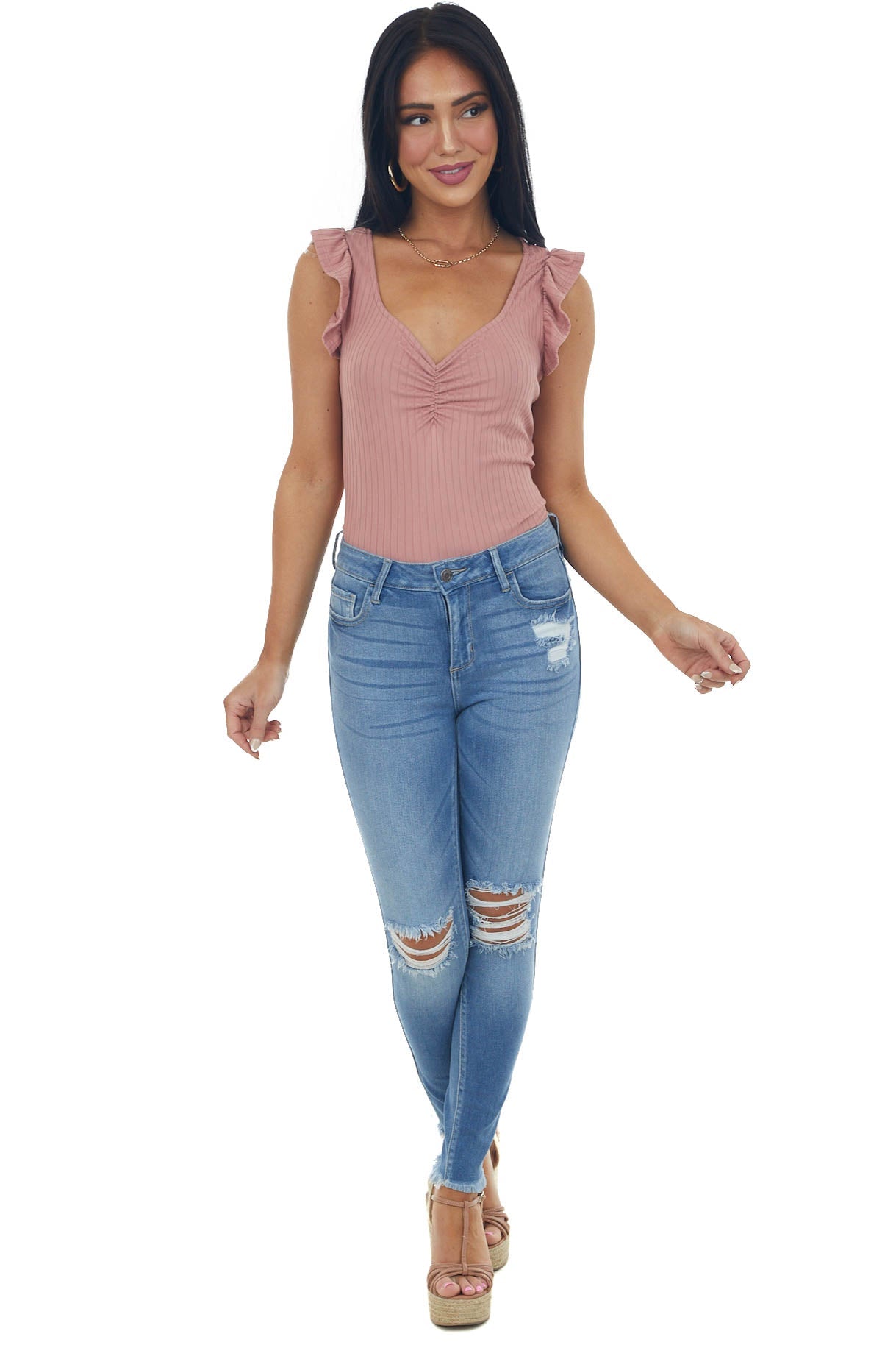 Vintage Rose V Neck Ruched Bust Ribbed Knit Top