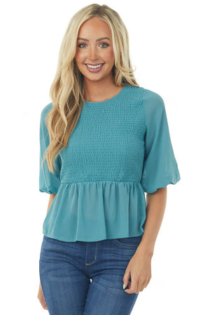 Vintage Teal Smocked Peplum Puff Sleeve Blouse