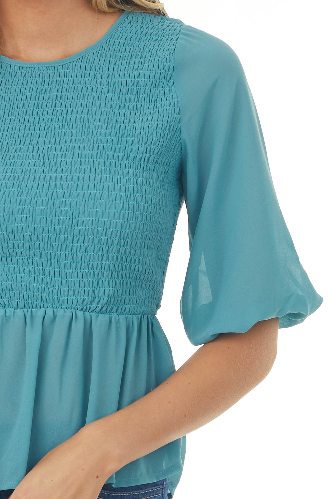 Vintage Teal Smocked Peplum Puff Sleeve Blouse
