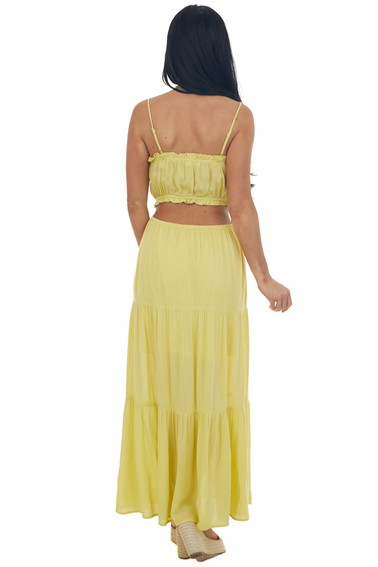 Vintage Yellow Cut Out Back Tiered Maxi Dress