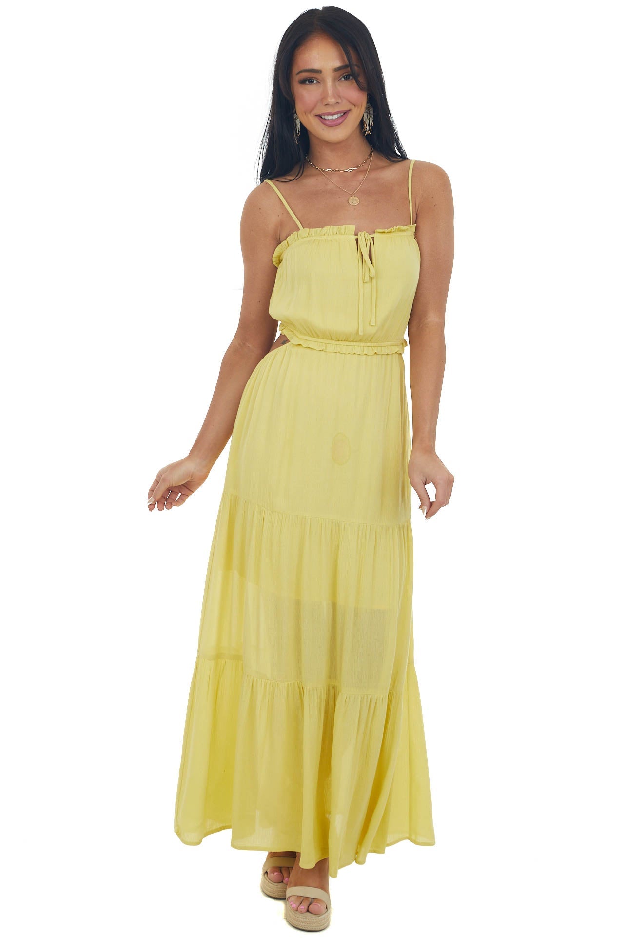 Vintage Yellow Cut Out Back Tiered Maxi Dress