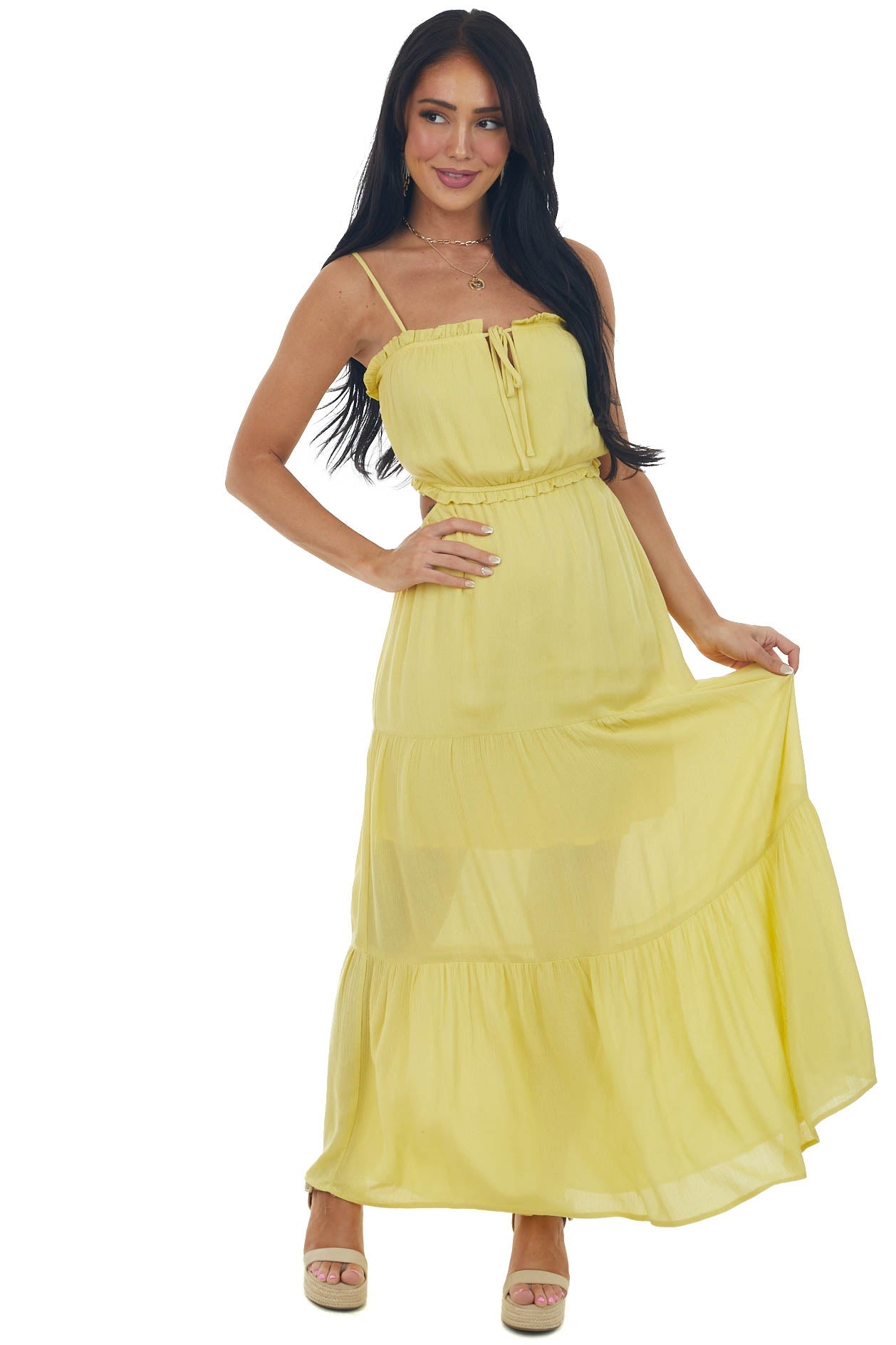 Vintage Yellow Cut Out Back Tiered Maxi Dress