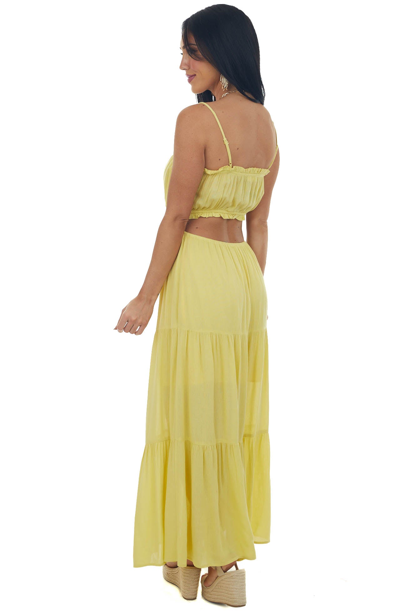 Vintage Yellow Cut Out Back Tiered Maxi Dress