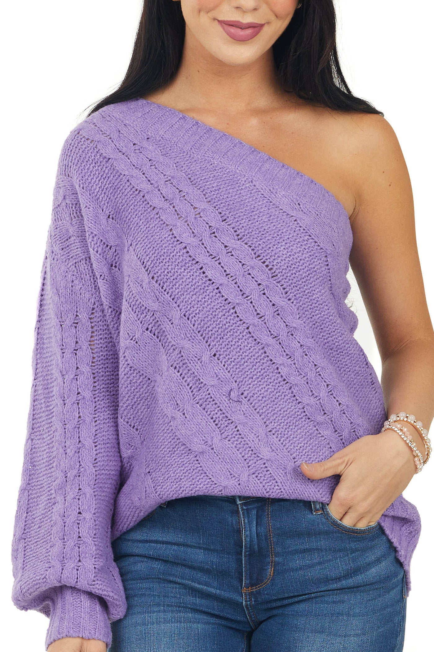 Violet One Shoulder Cable Knit Sweater