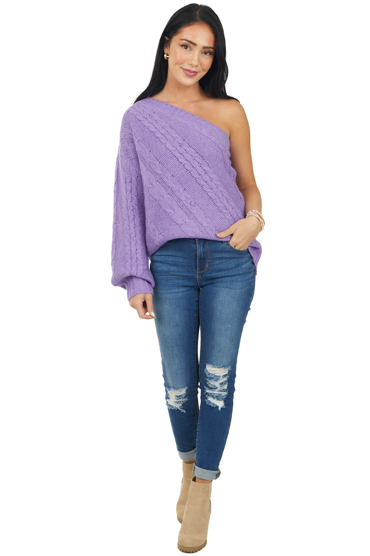 Violet One Shoulder Cable Knit Sweater
