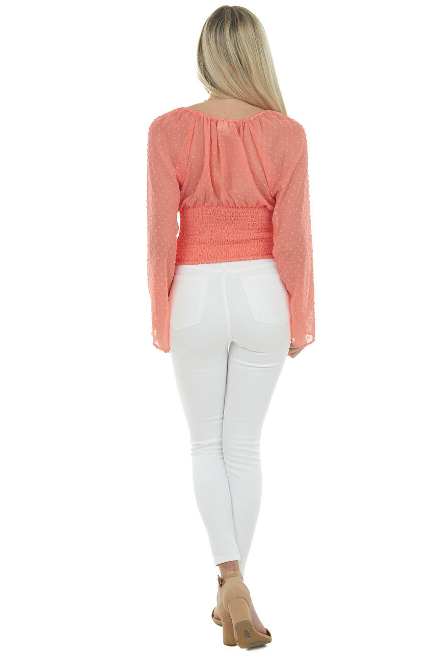 Vivid Coral Swiss Dot Ruched Cropped Blouse