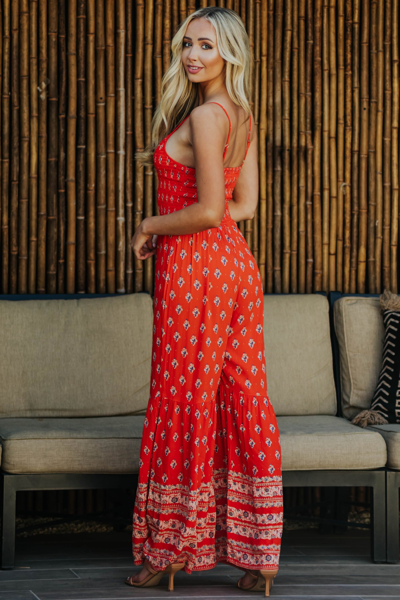 Vivid Fire Floral Print Smocked Flare Jumpsuit