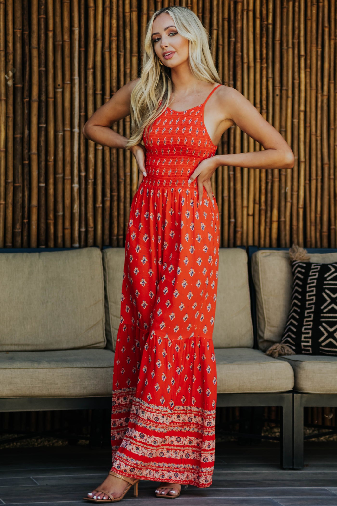 Vivid Fire Floral Print Smocked Flare Jumpsuit