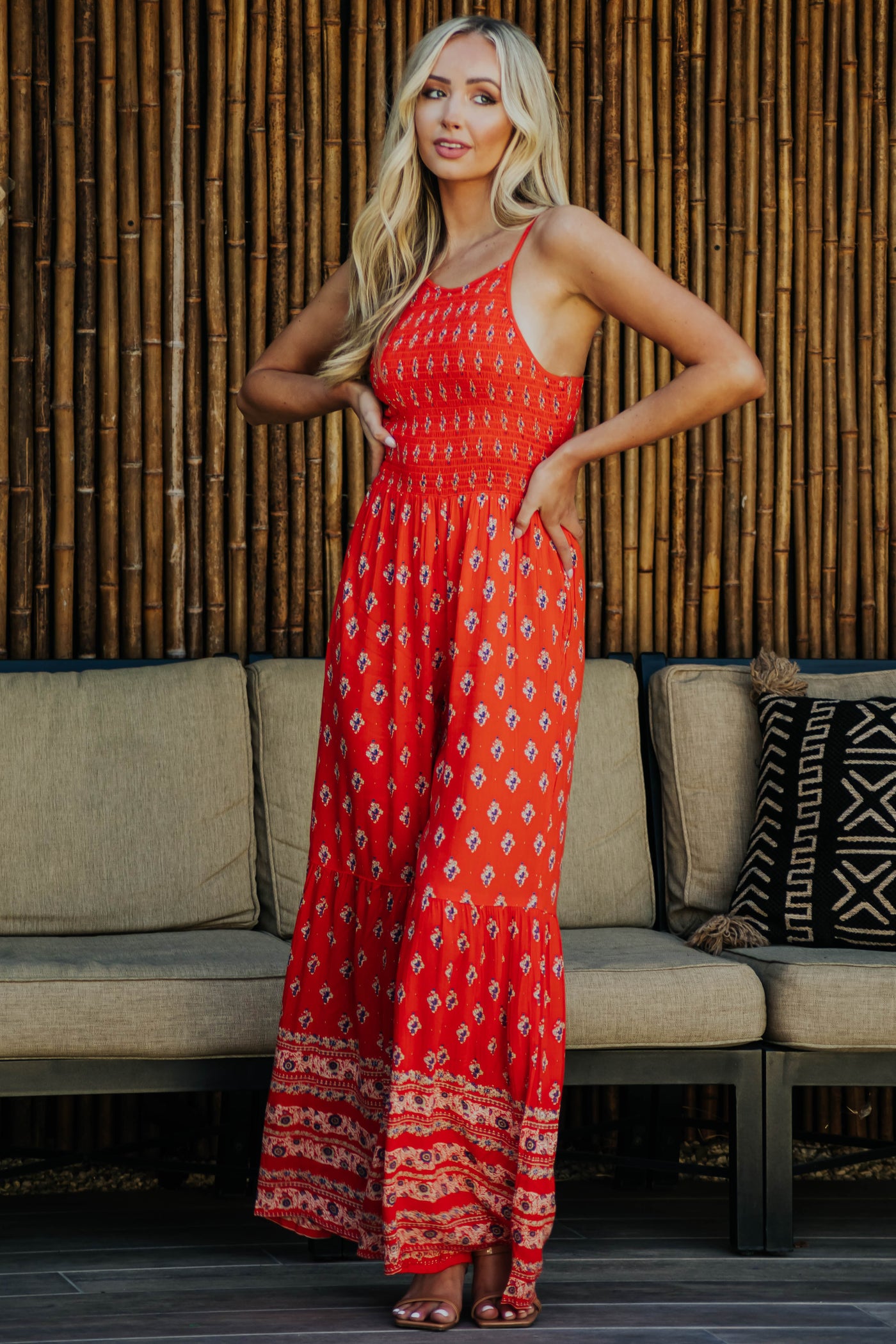 Vivid Fire Floral Print Smocked Flare Jumpsuit