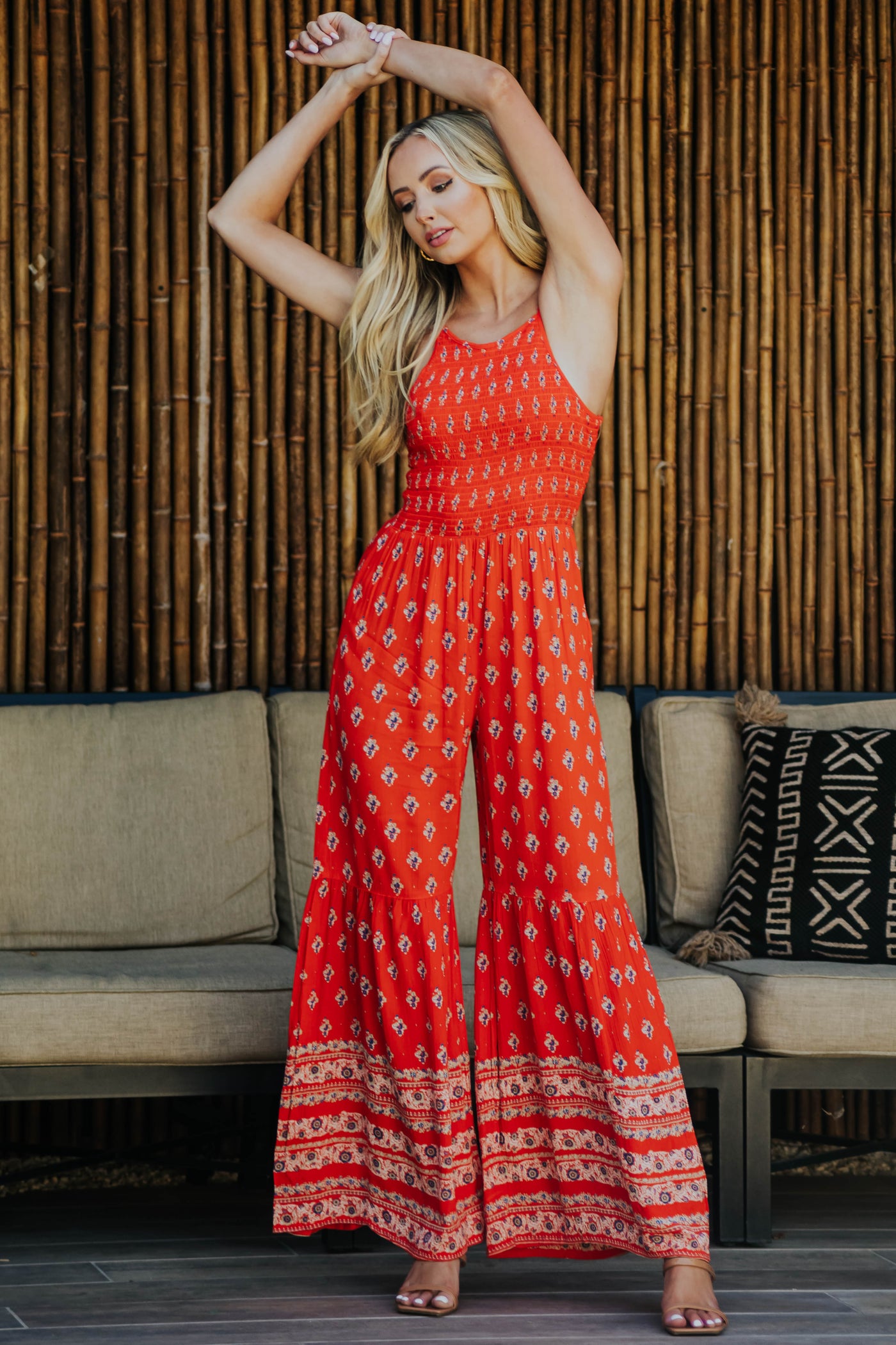 Vivid Fire Floral Print Smocked Flare Jumpsuit