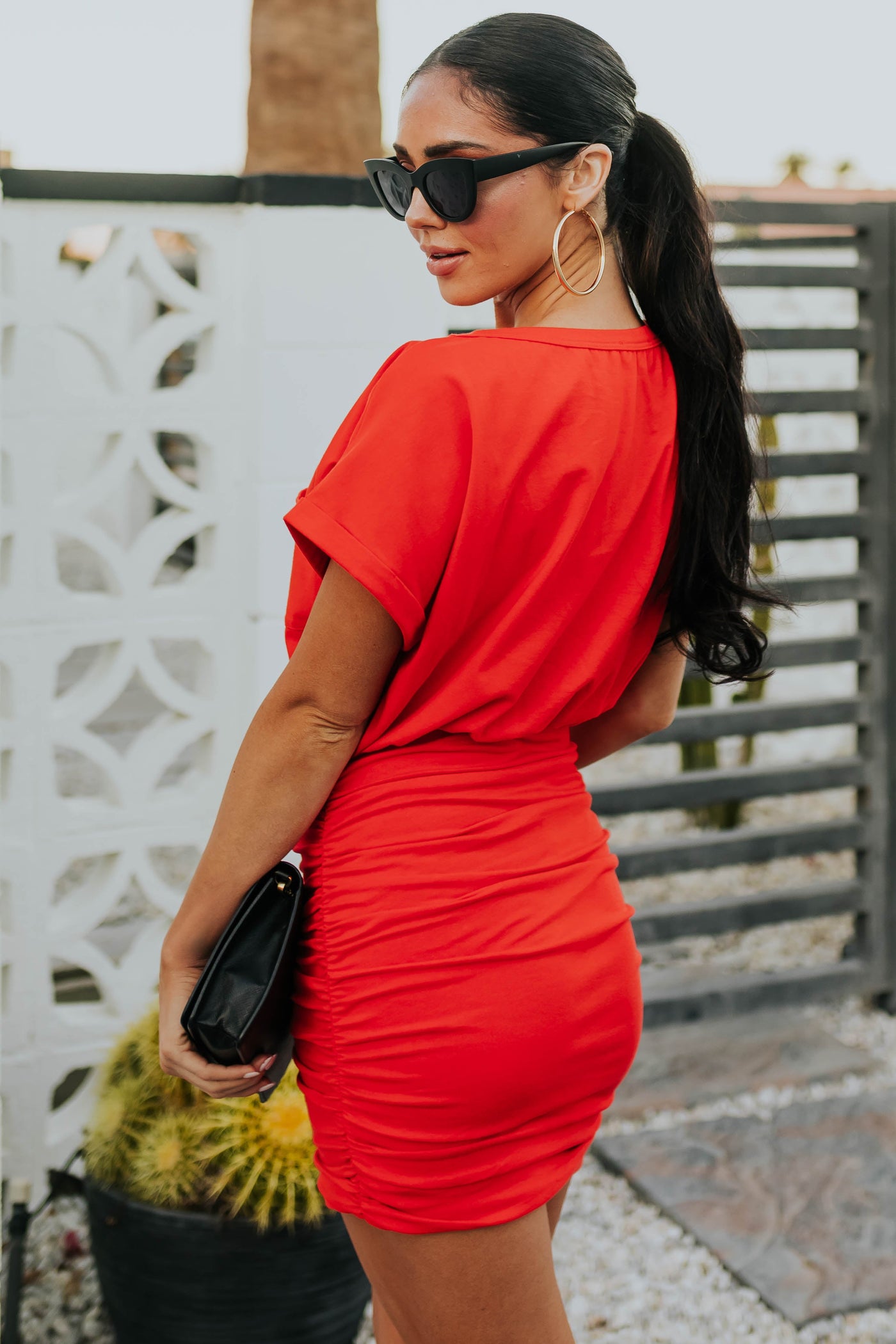 Vivid Fire Ruched Side Bodycon Tee Shirt Dress