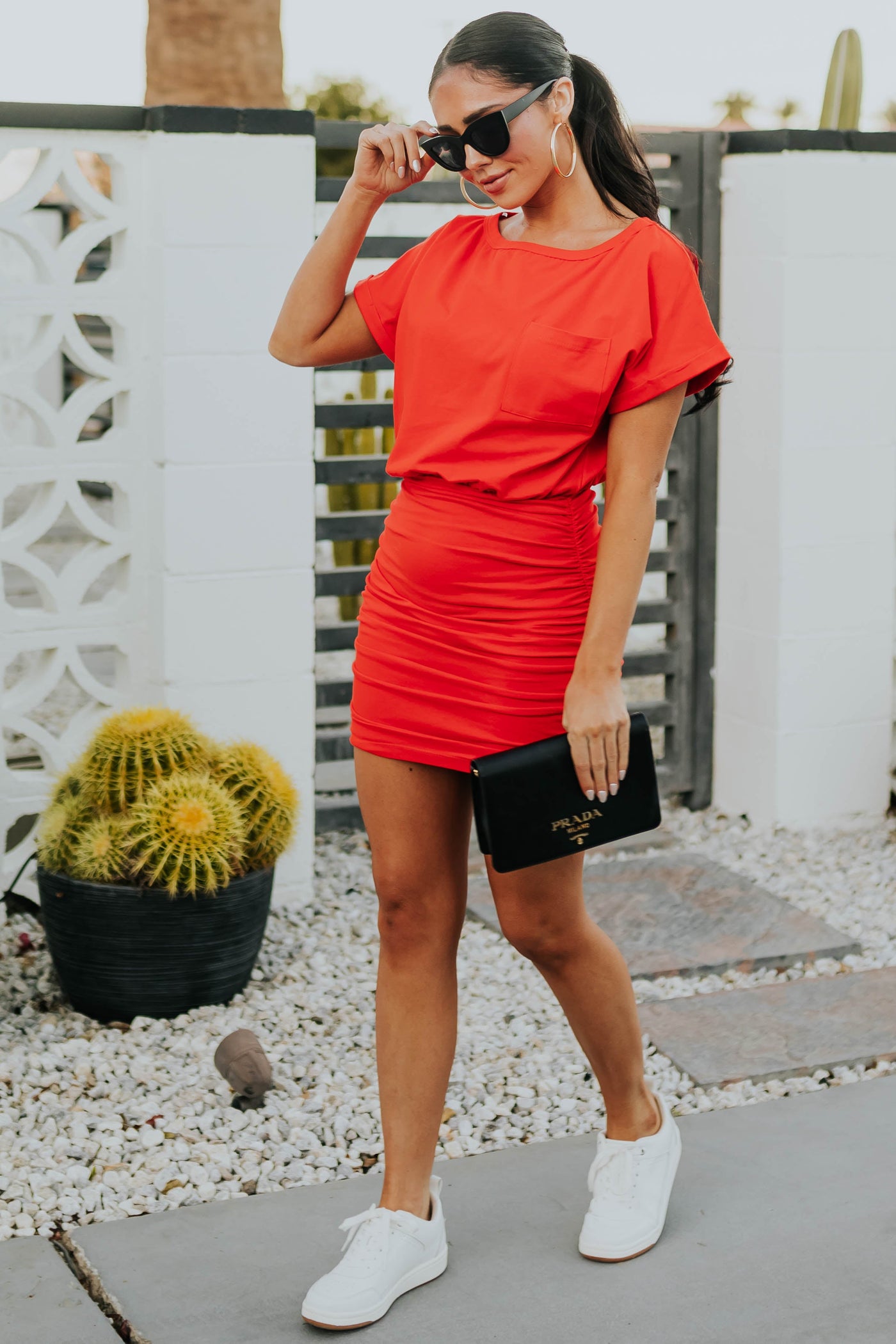 Vivid Fire Ruched Side Bodycon Tee Shirt Dress