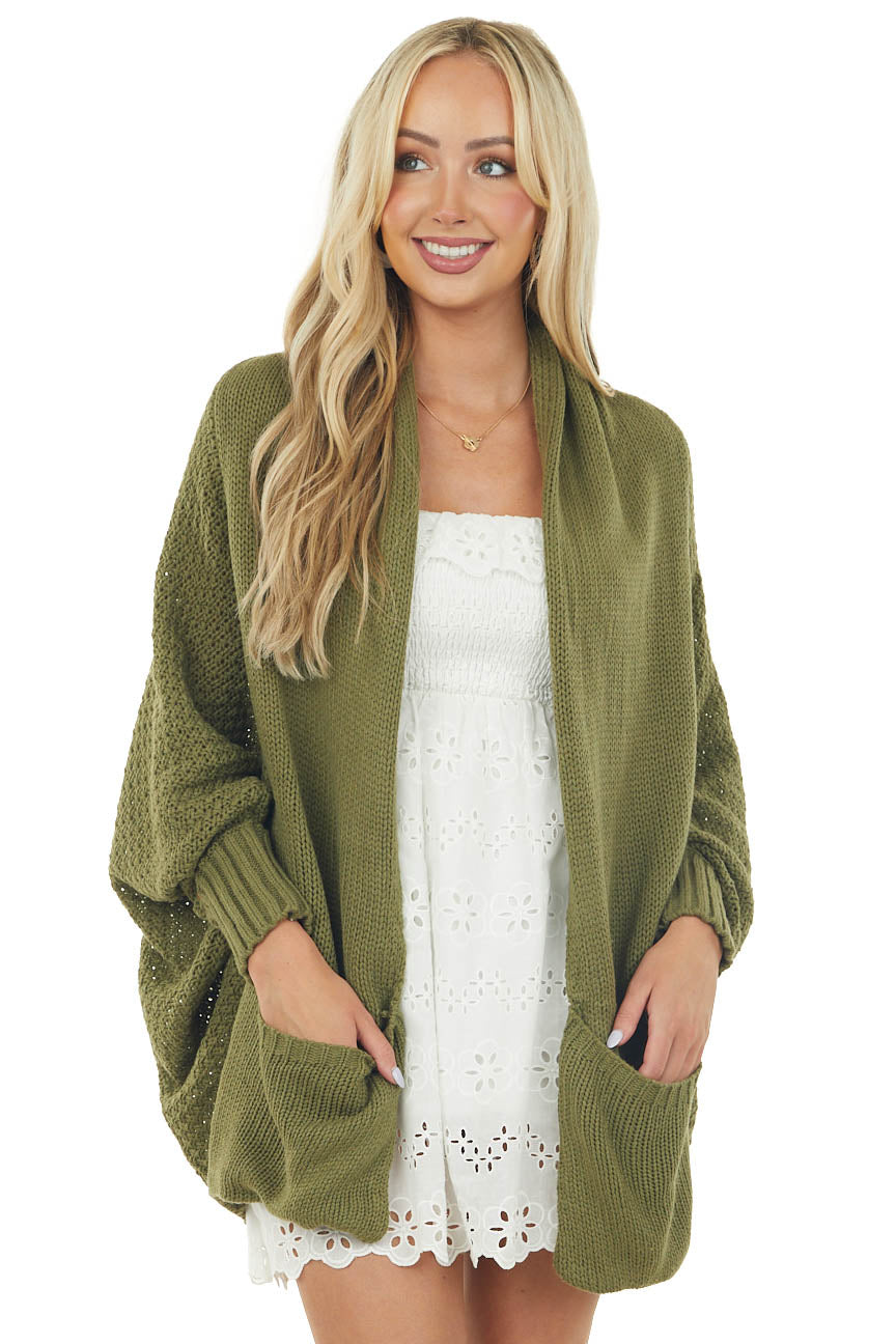 Vivid Olive Draped Dolman Sleeve Cardigan