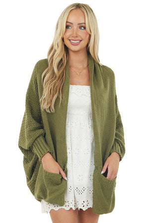 Vivid Olive Draped Dolman Sleeve Cardigan