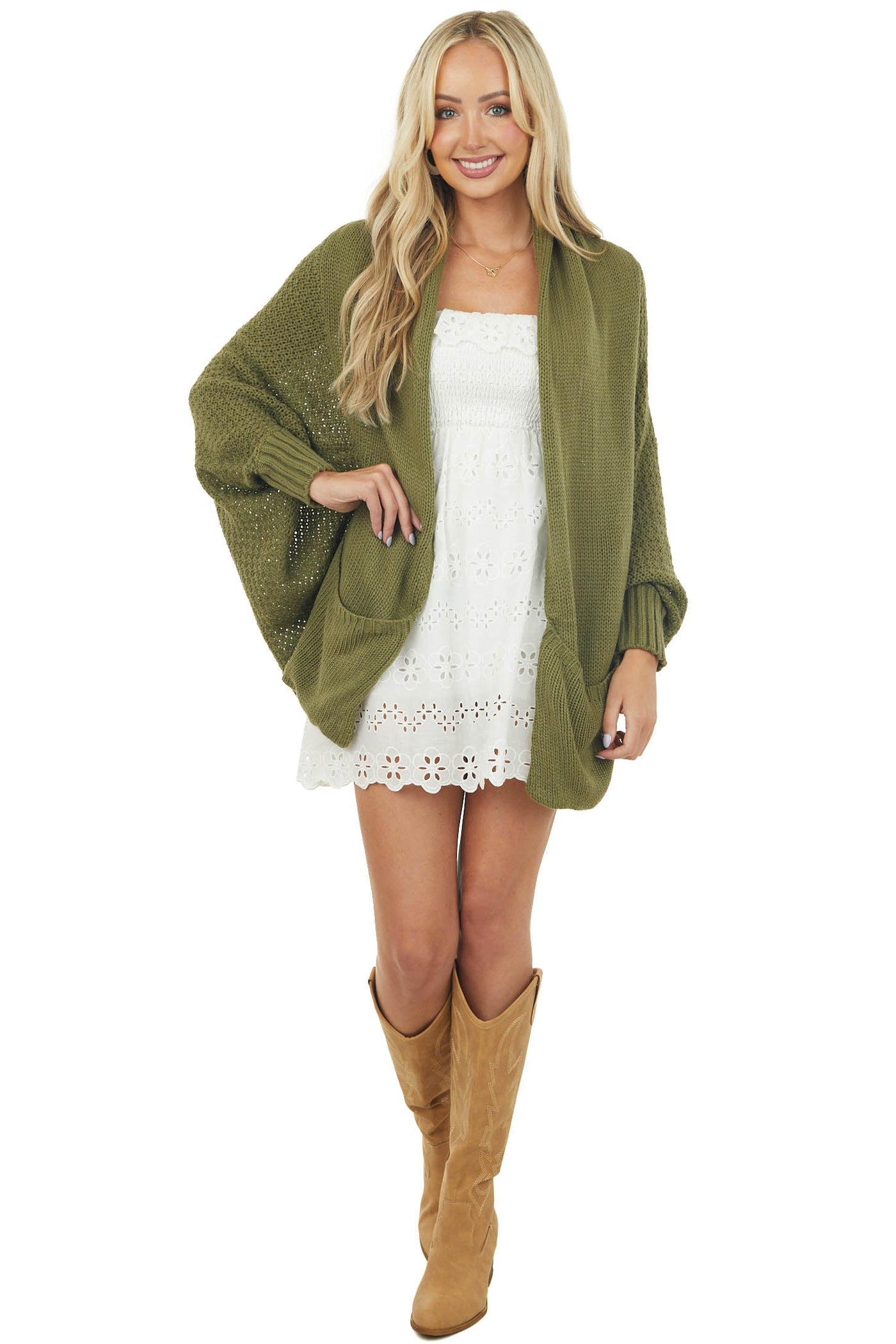 Vivid Olive Draped Dolman Sleeve Cardigan