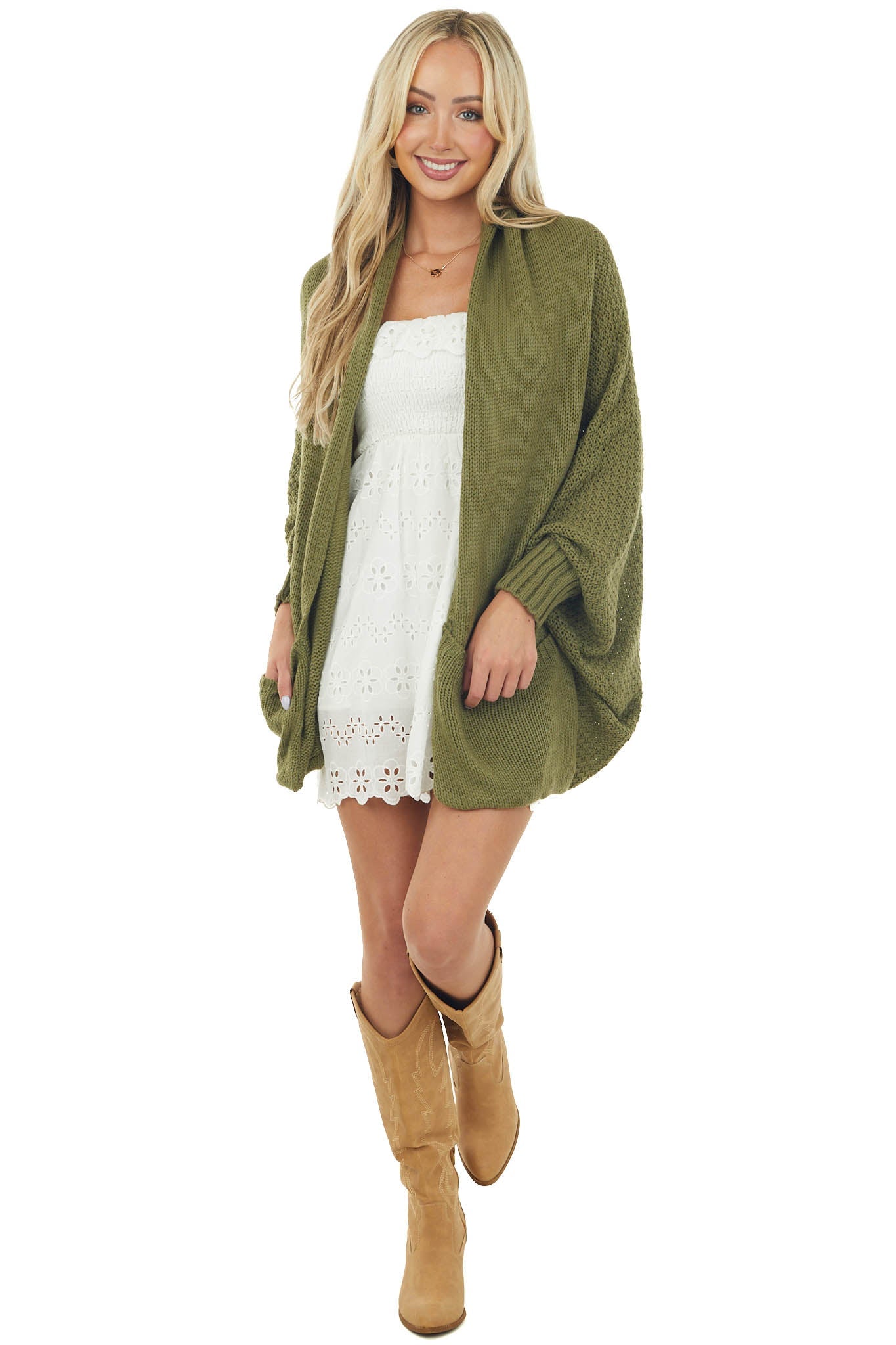 Vivid Olive Draped Dolman Sleeve Cardigan