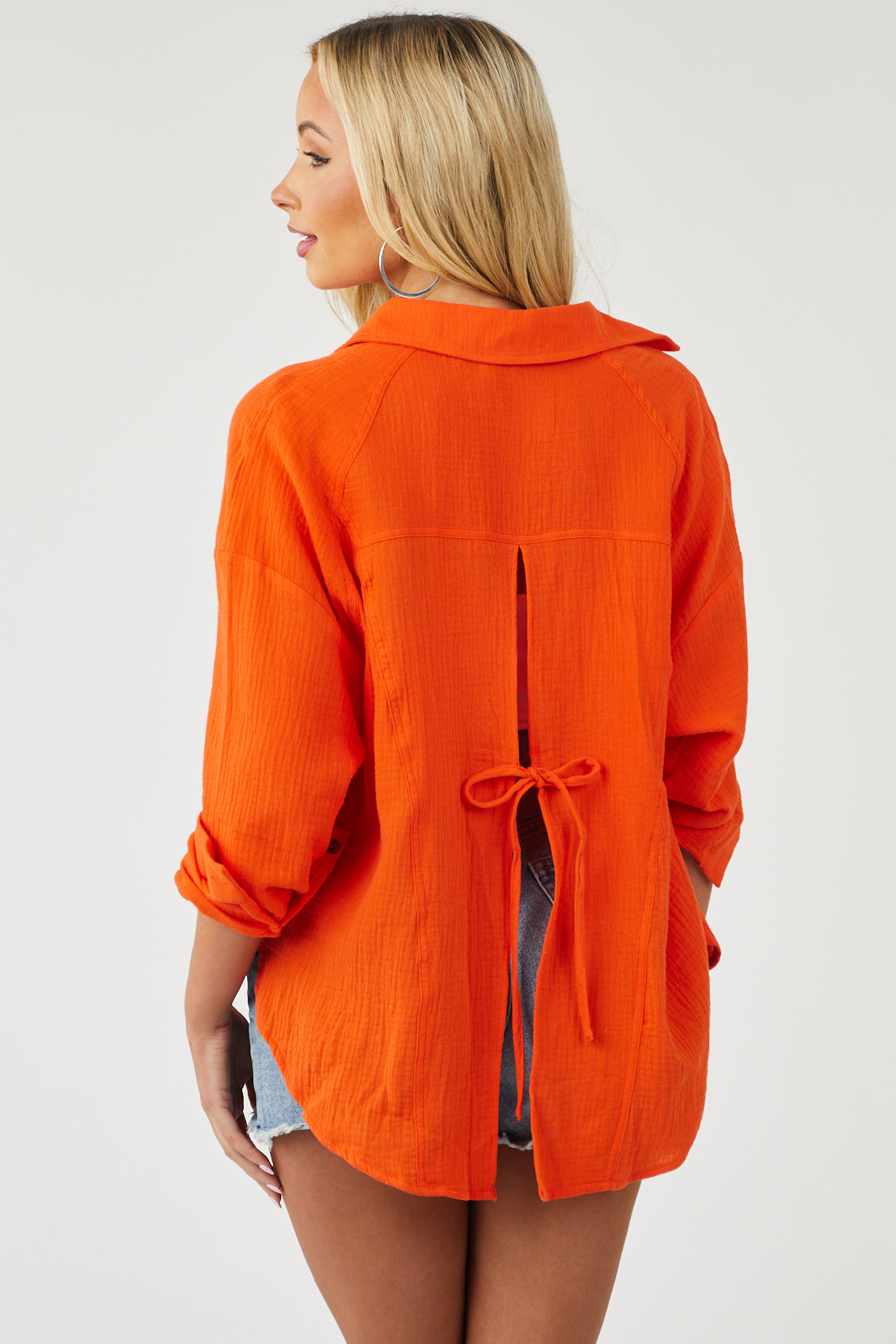 Vivid Orange Button Up Blouse with Open Tie Back