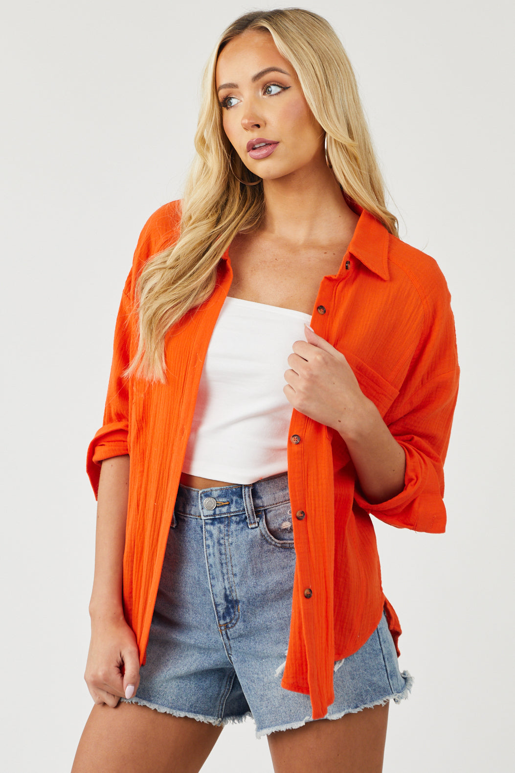 Vivid Orange Button Up Blouse with Open Tie Back
