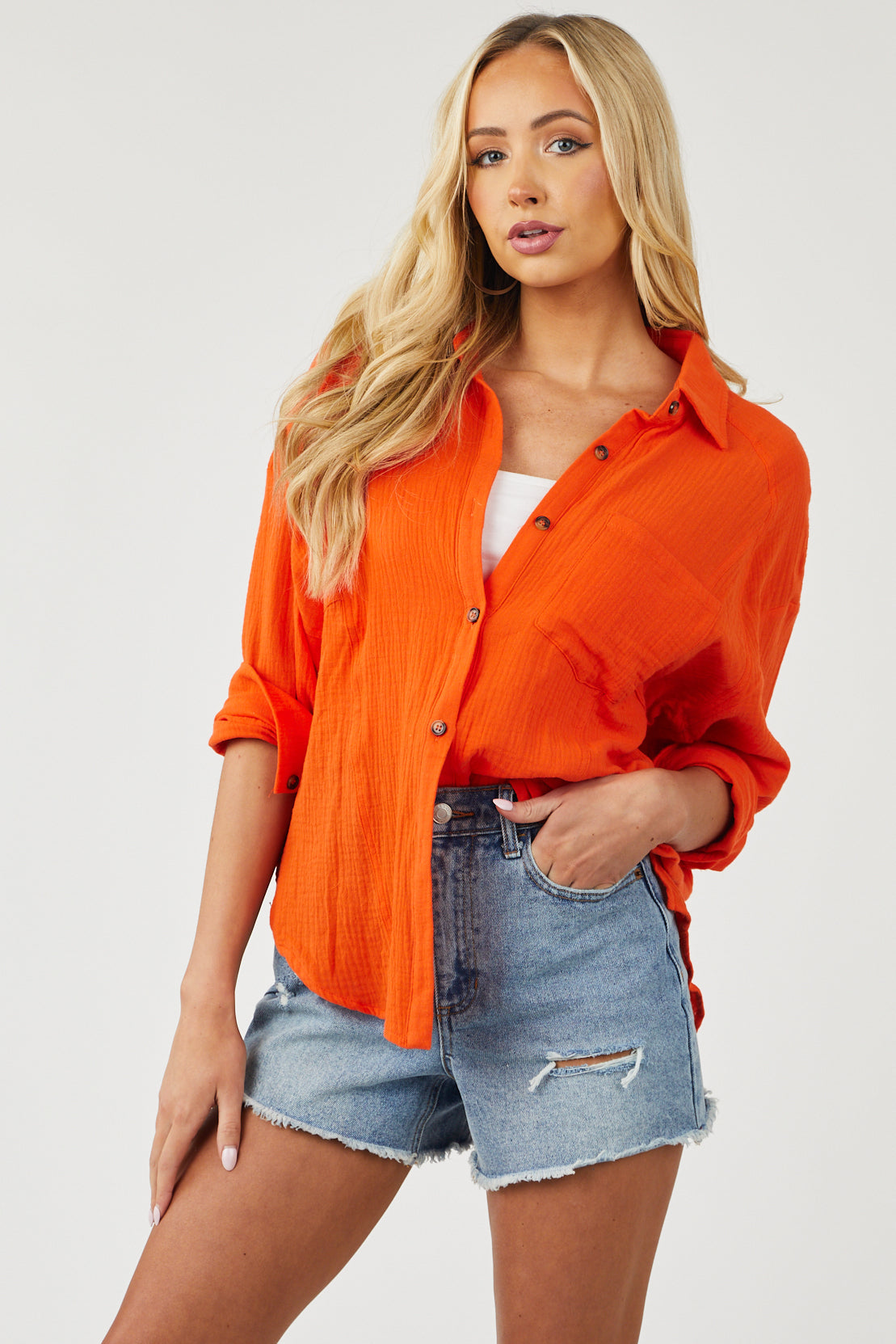 Vivid Orange Button Up Blouse with Open Tie Back