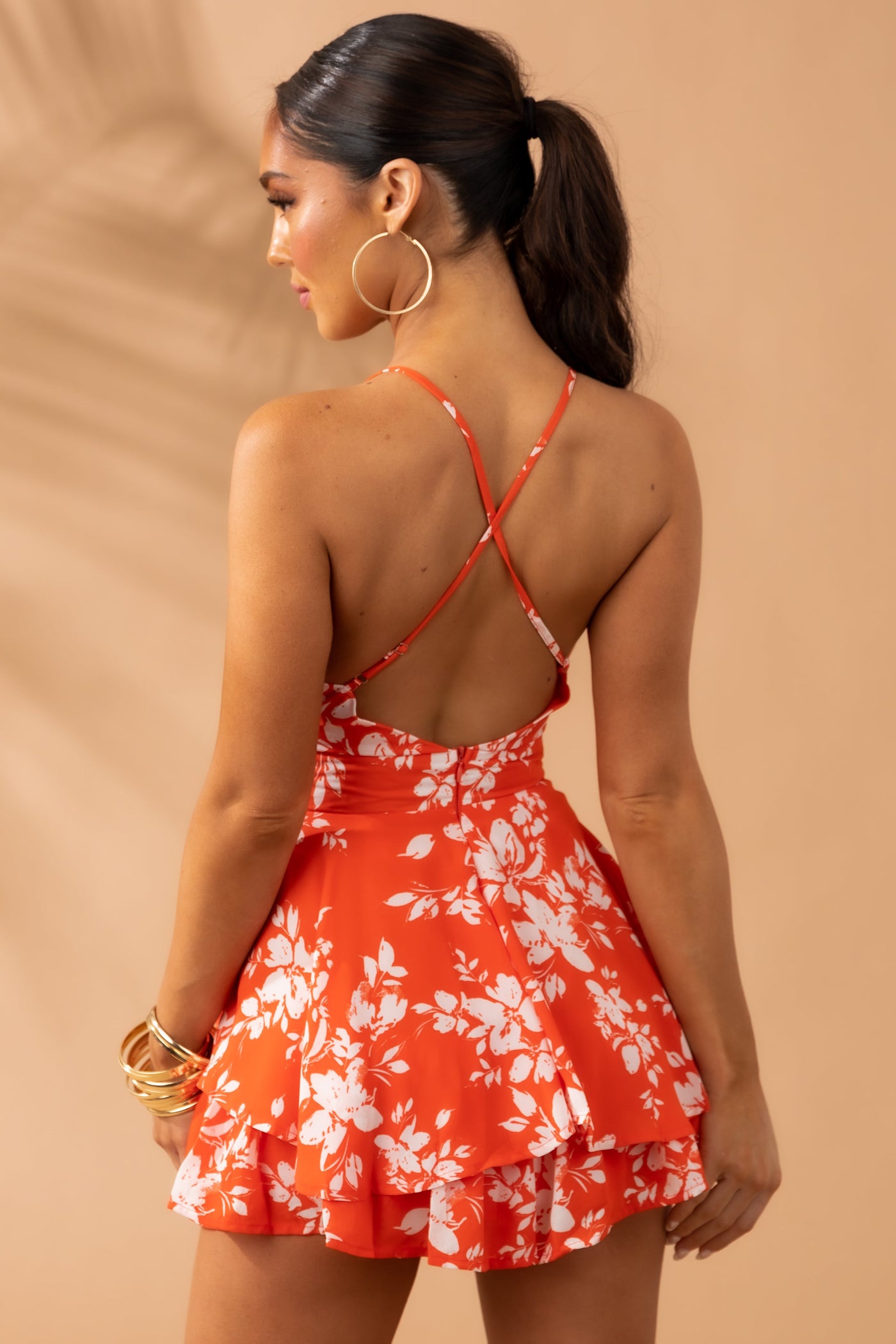 Vivid Orange Floral Print Sleeveless Romper