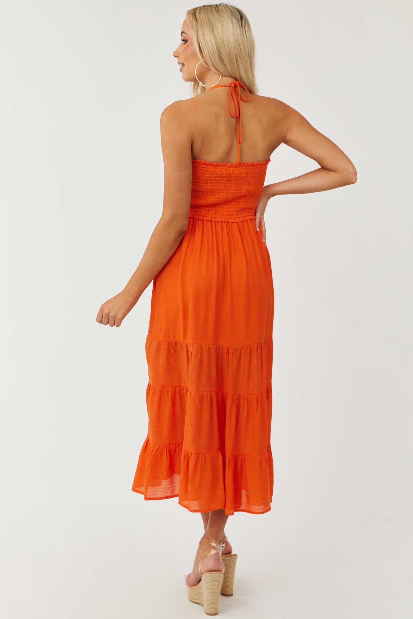 Vivid Orange Halter Tie Smocked Bodice Midi Dress