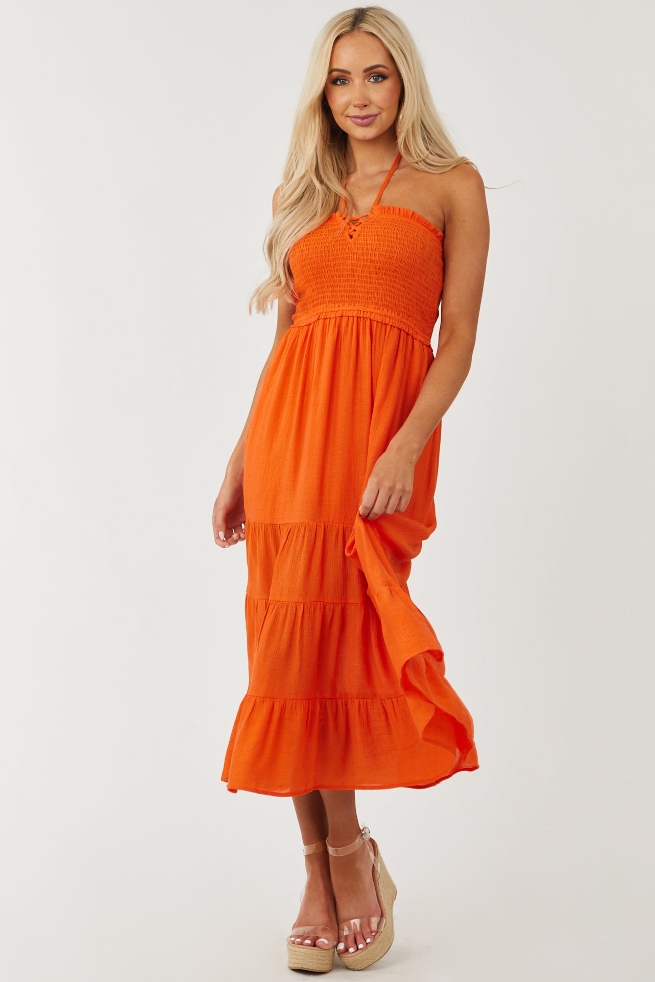 Vivid Orange Halter Tie Smocked Bodice Midi Dress