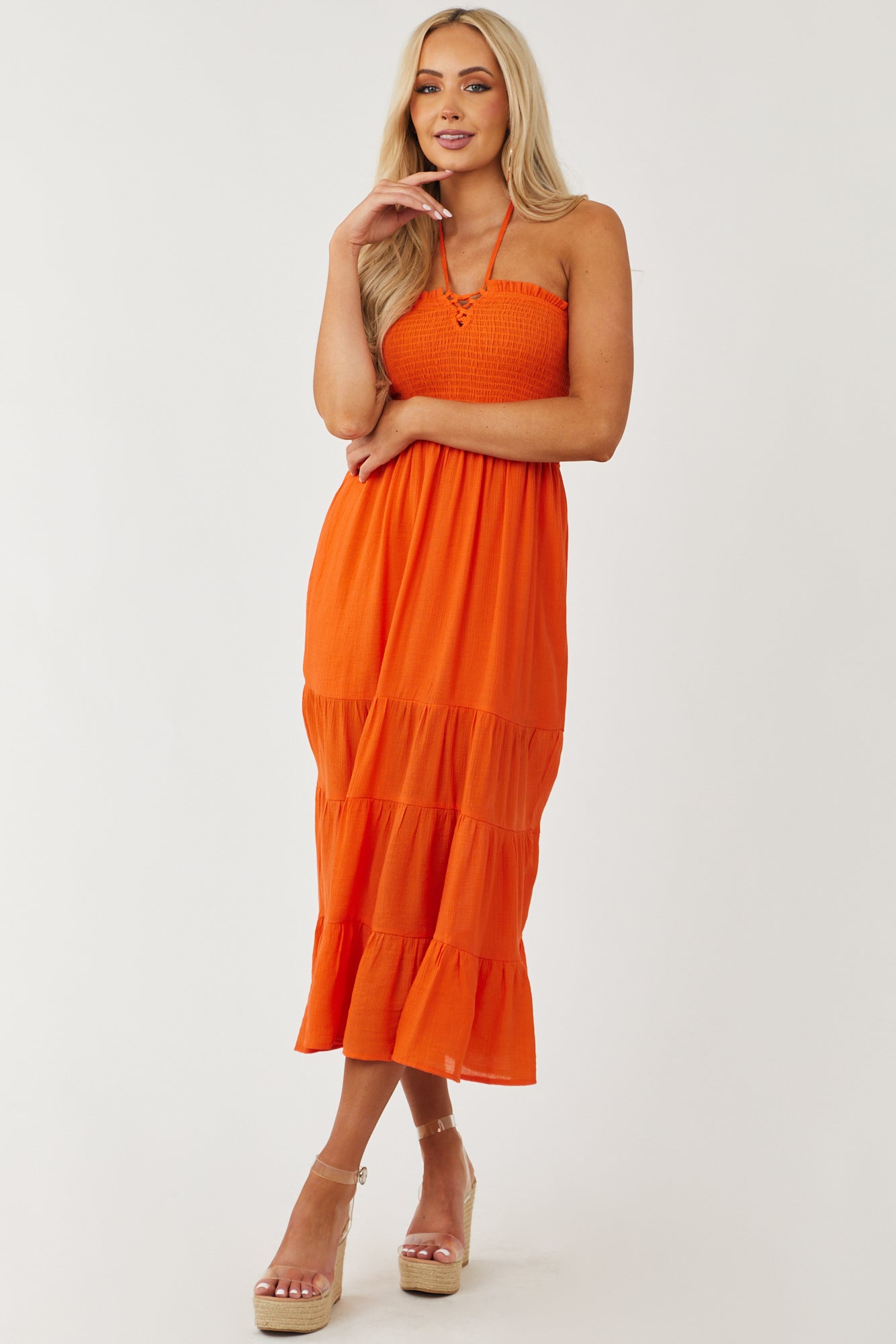 Vivid Orange Halter Tie Smocked Bodice Midi Dress