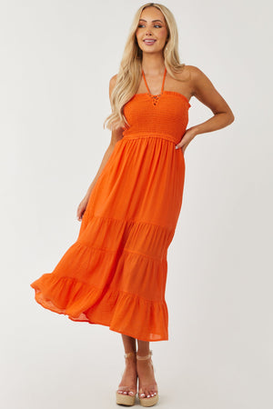 Vivid Orange Halter Tie Smocked Bodice Midi Dress