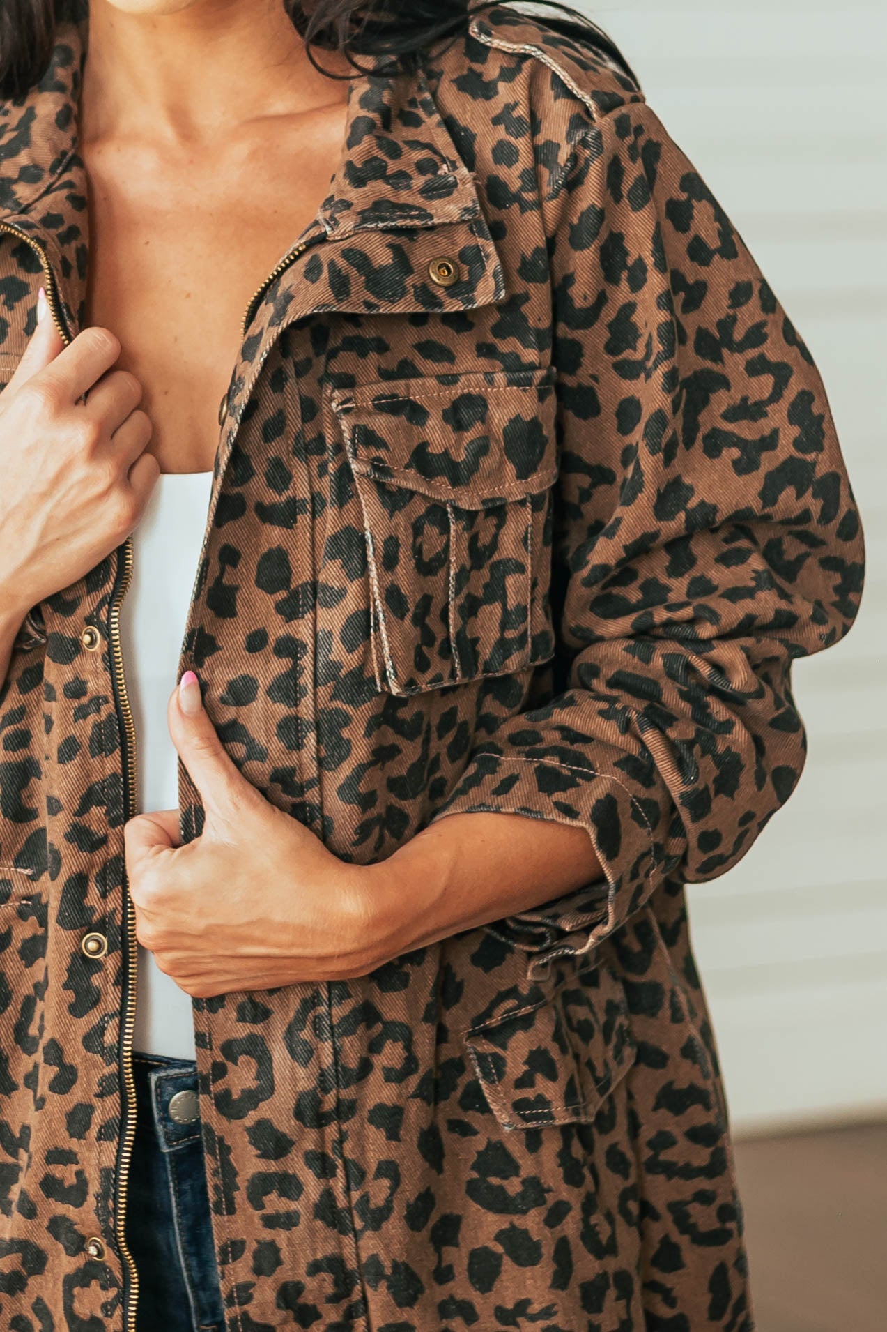 Walnut Brown Leopard Print Denim Jacket with Pockets