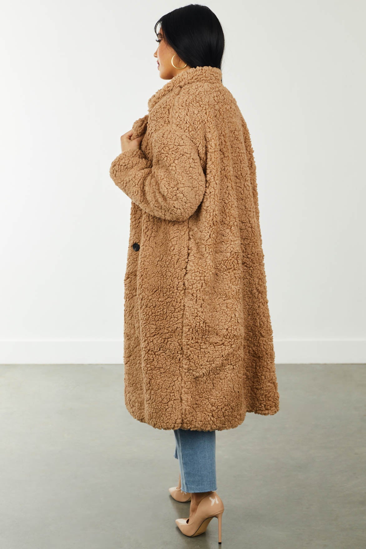 Warm Camel Button Front Faux Fur Teddy Coat