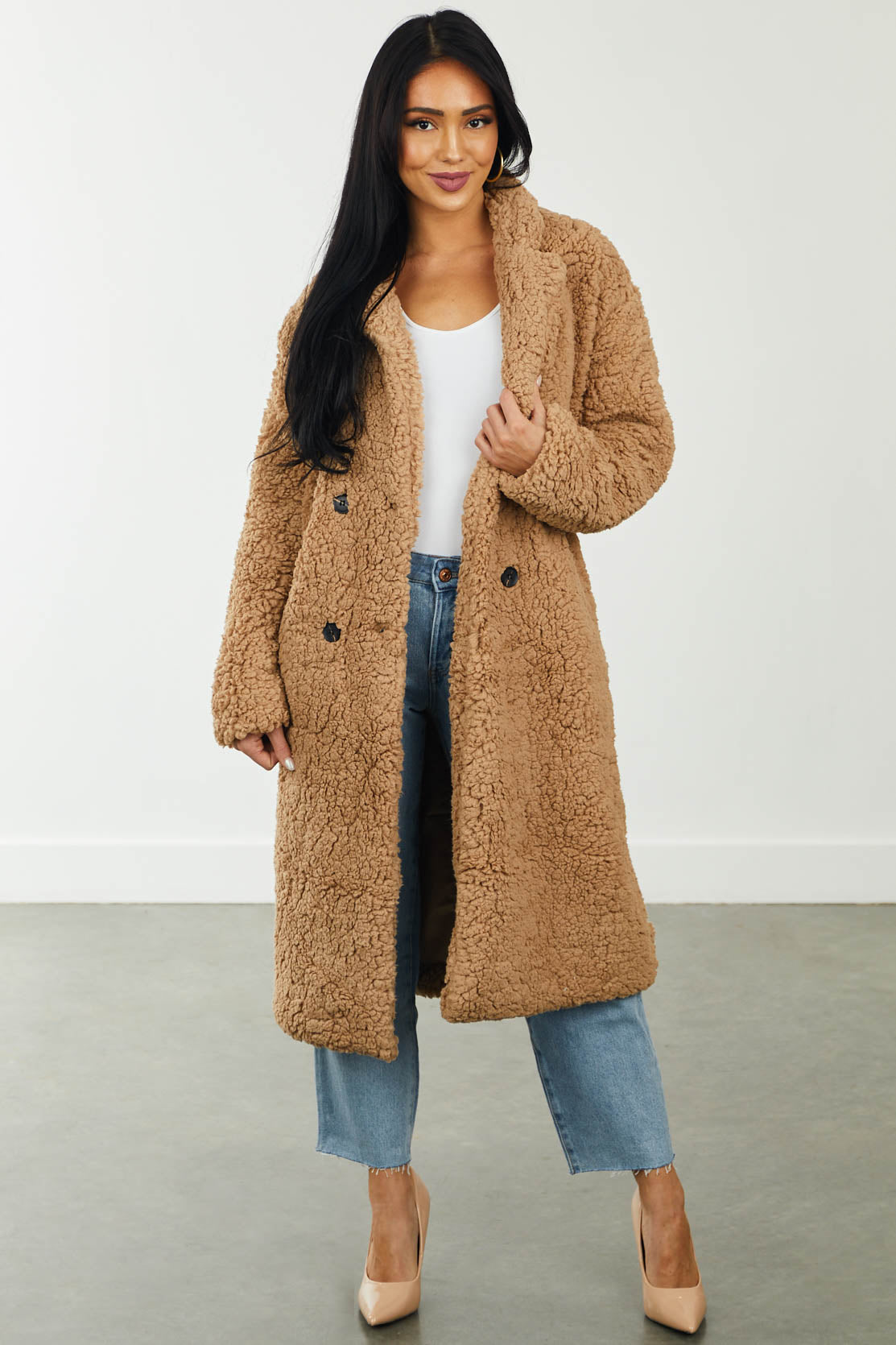 Warm Camel Button Front Faux Fur Teddy Coat