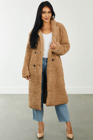 Warm Camel Button Front Faux Fur Teddy Coat