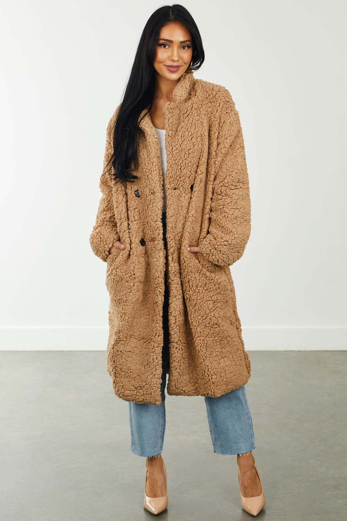 Warm Camel Button Front Faux Fur Teddy Coat