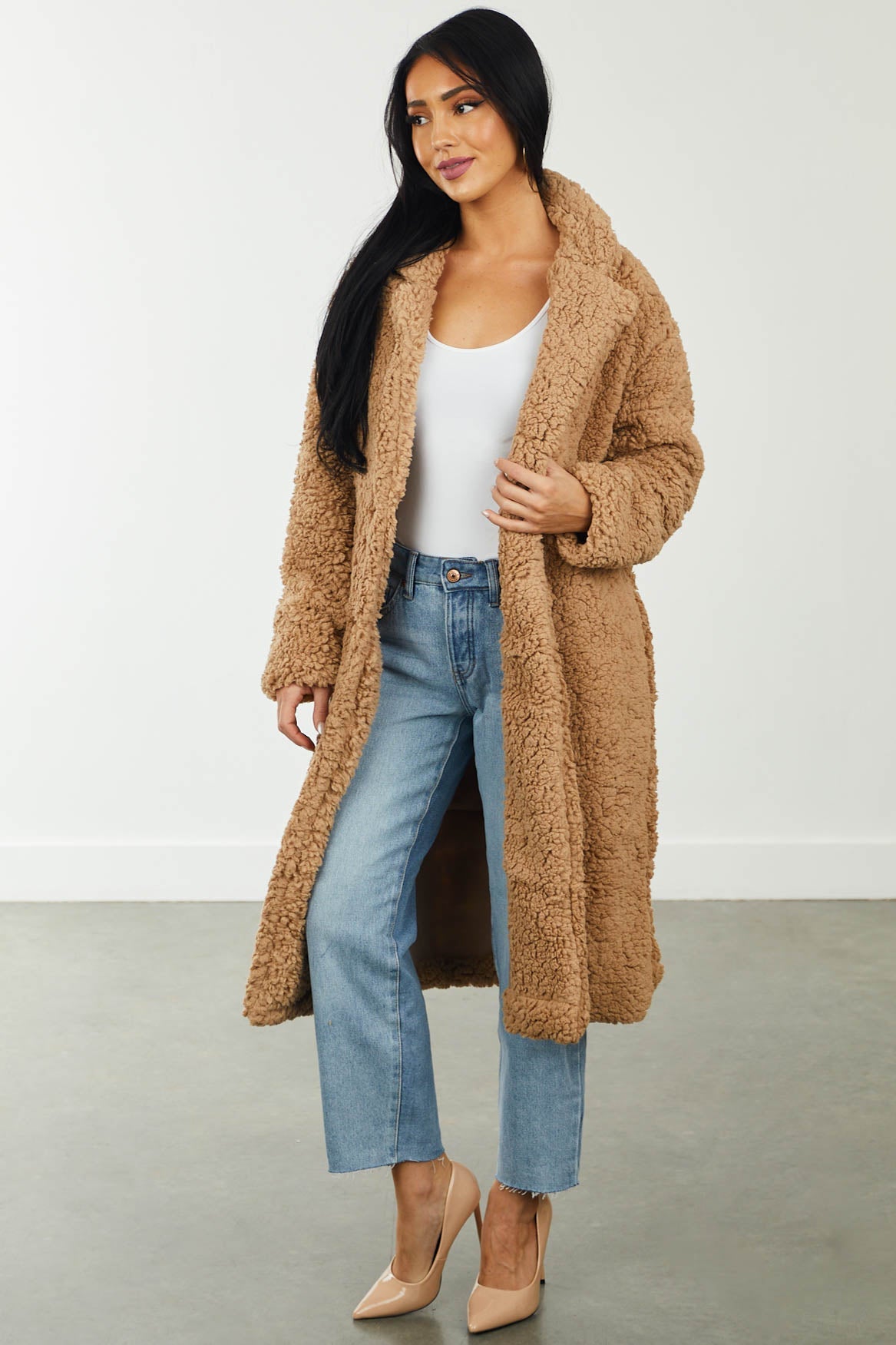 Warm Camel Button Front Faux Fur Teddy Coat