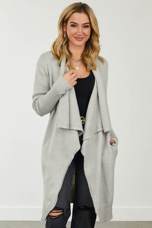 Warm Grey Draped Lapel Duster Cardigan with Pockets