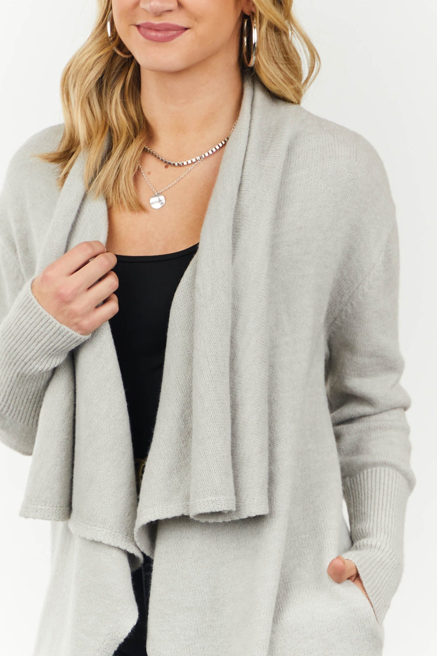 Warm Grey Draped Lapel Duster Cardigan with Pockets