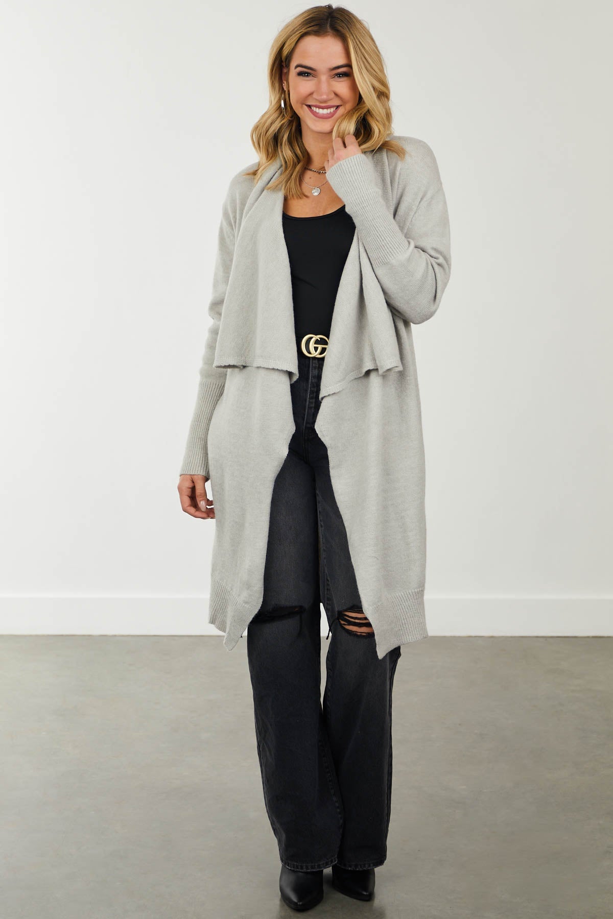 Warm Grey Draped Lapel Duster Cardigan with Pockets