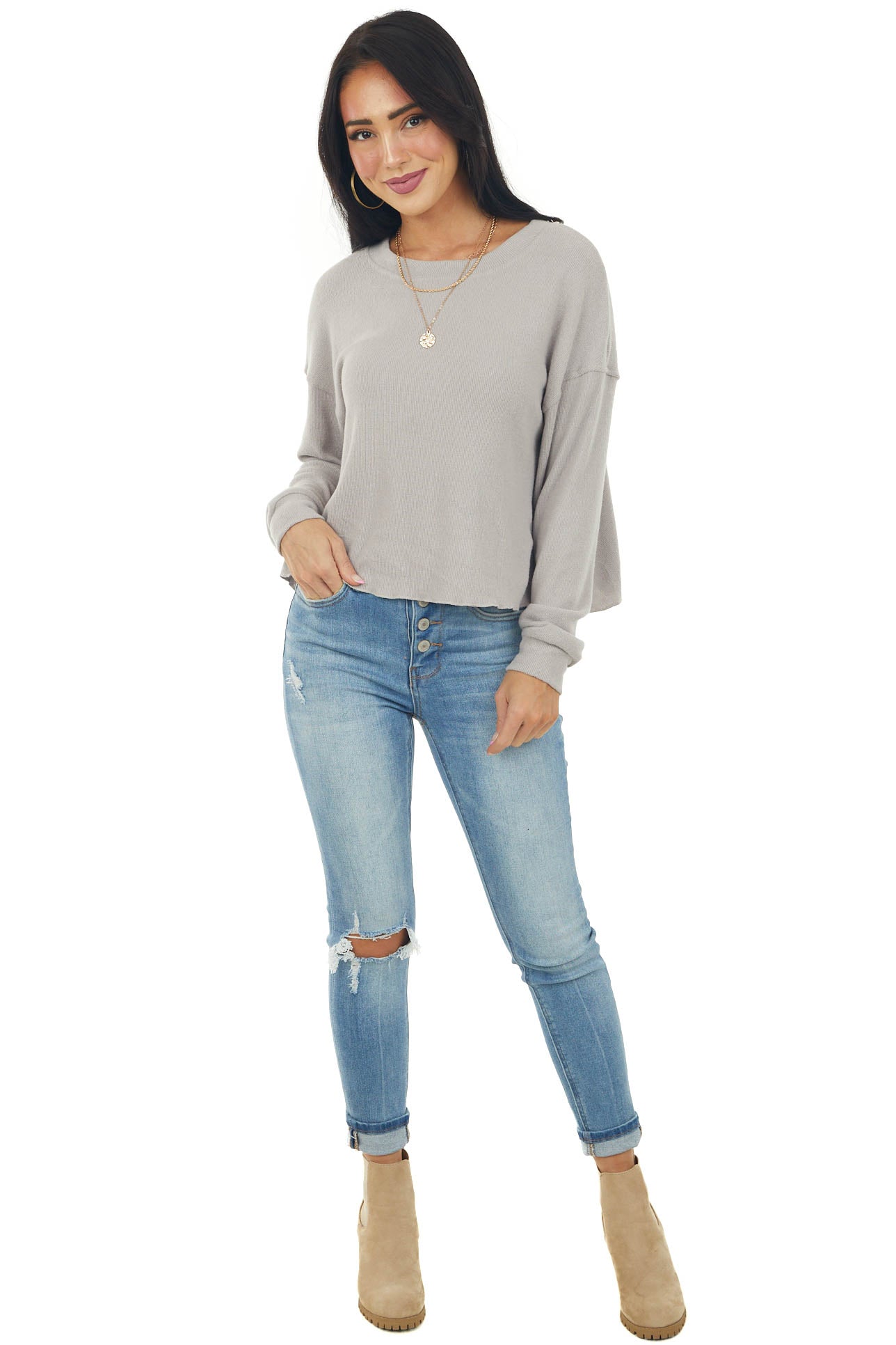Warm Grey Soft Ribbed Knit Long Sleeve Top