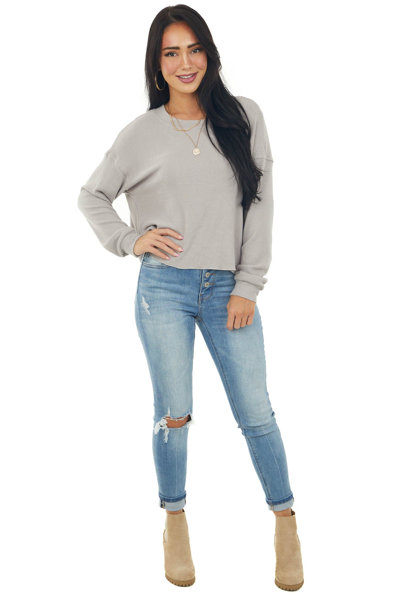 Warm Grey Soft Ribbed Knit Long Sleeve Top