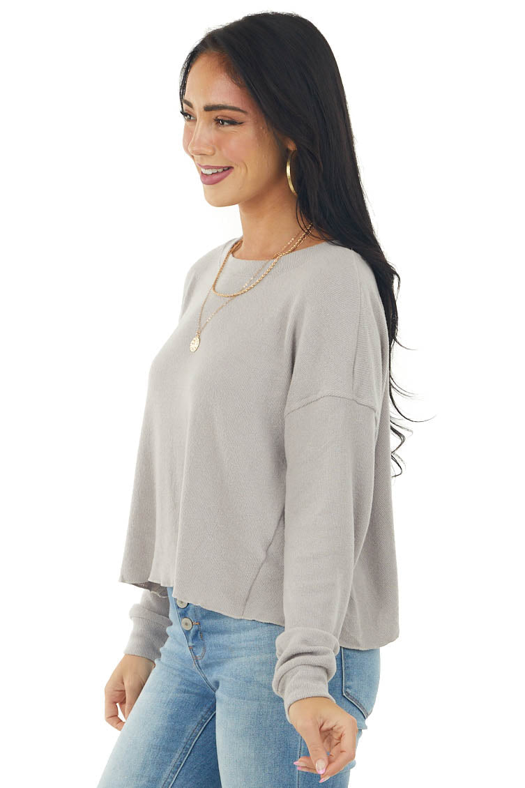 Warm Grey Soft Ribbed Knit Long Sleeve Top