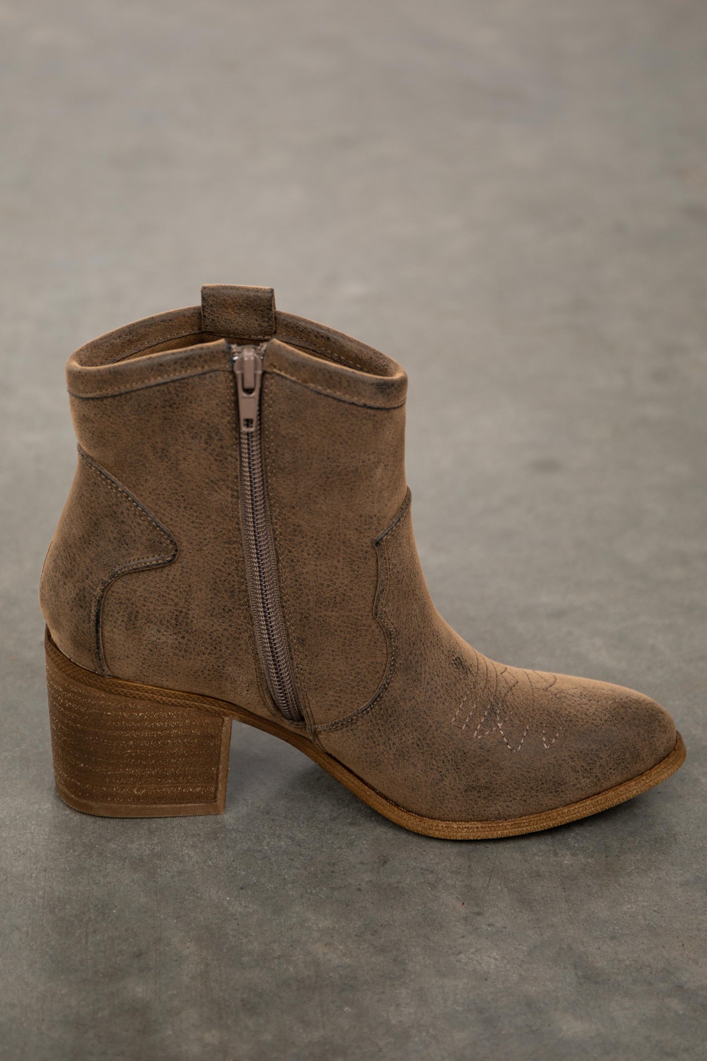 Warm Taupe Faux Leather Western Style Booties