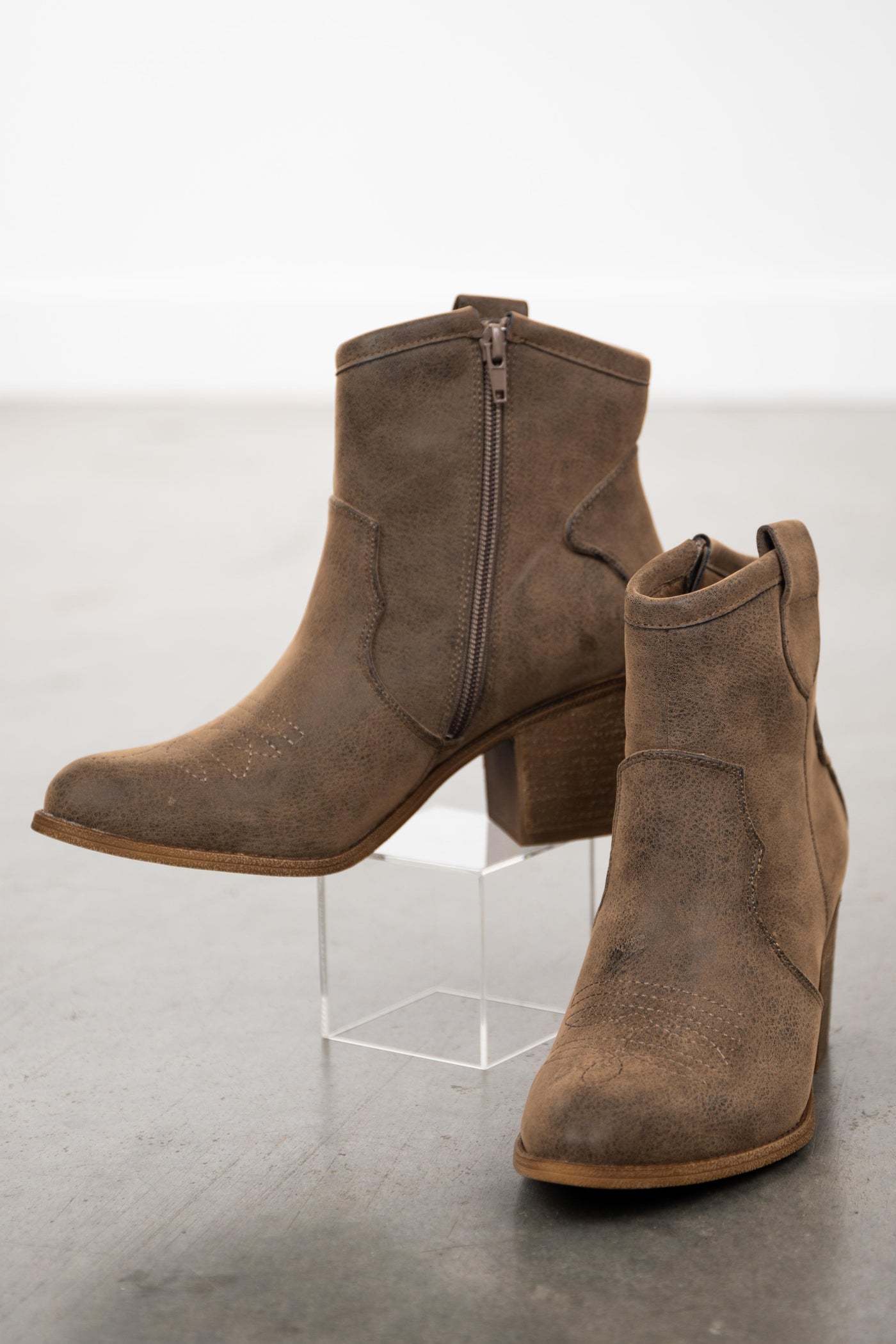 Warm Taupe Faux Leather Western Style Booties