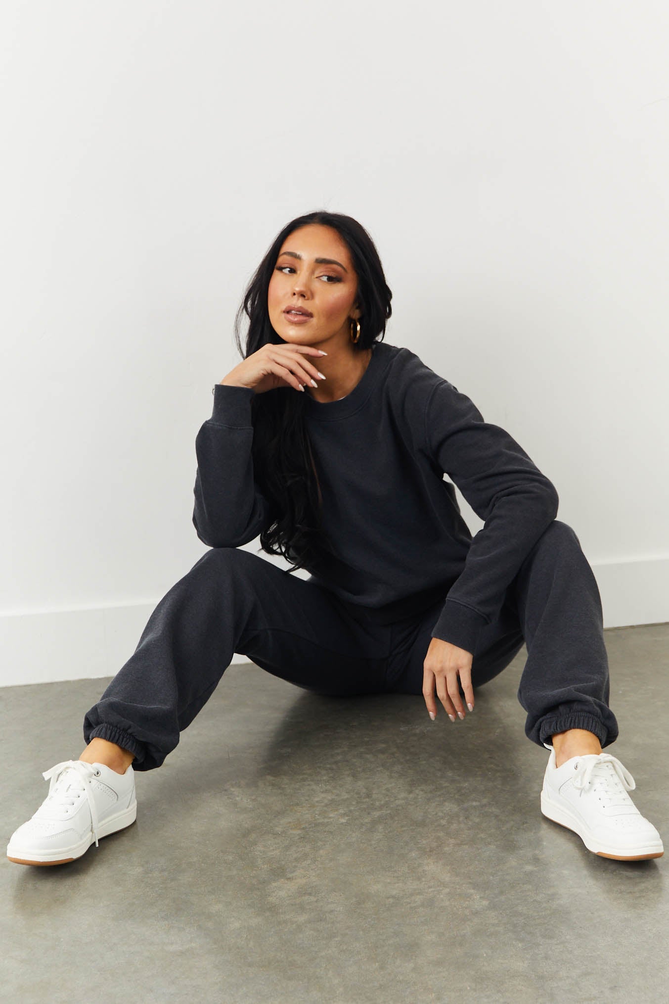 Washed Black Fleece Lined Solid Cotton Sweatpants