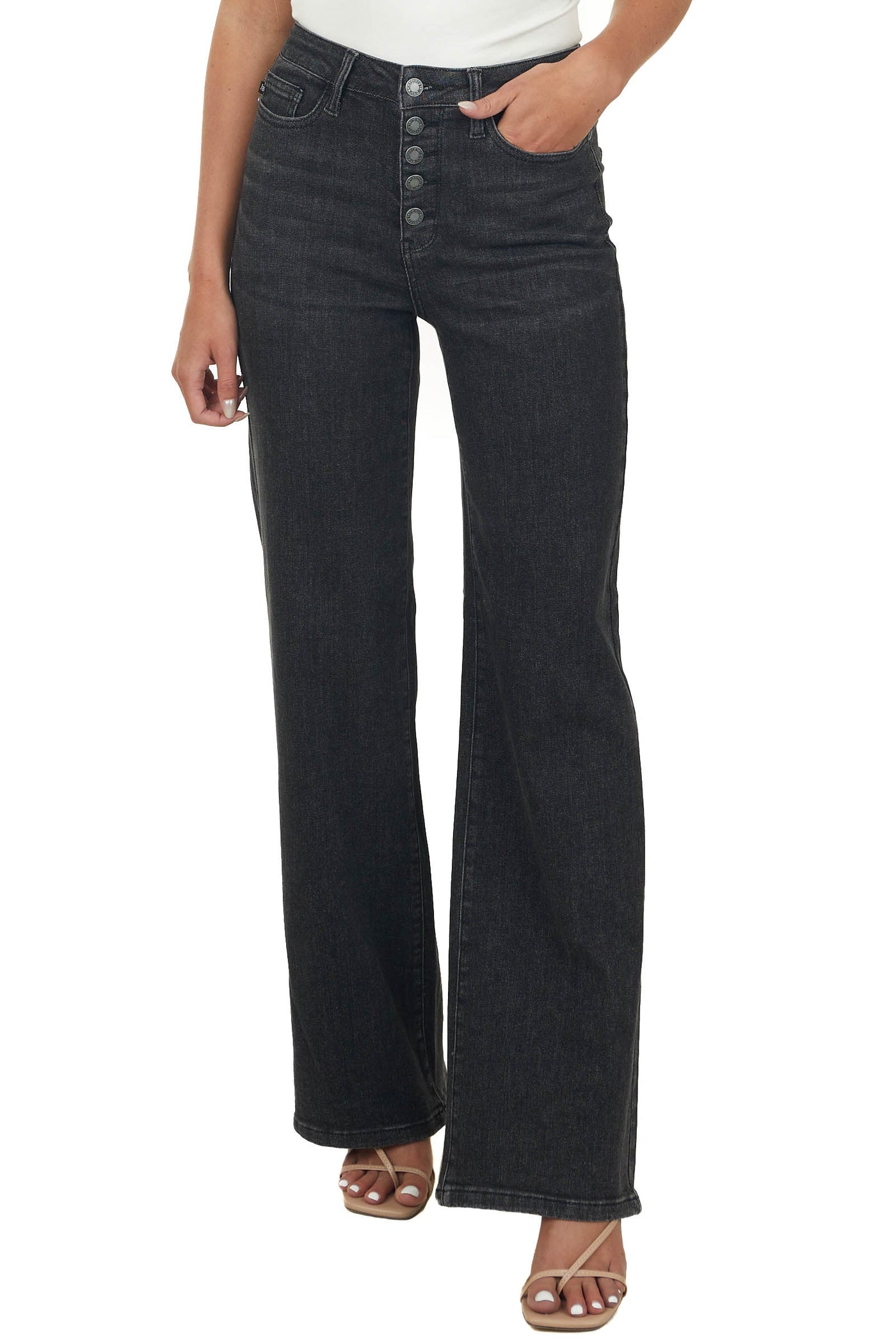 Washed Black High Rise Button Fly Wide Leg Jeans