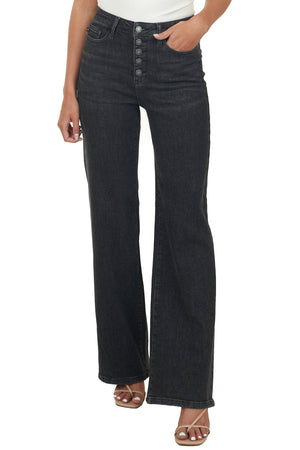 Washed Black High Rise Button Fly Wide Leg Jeans