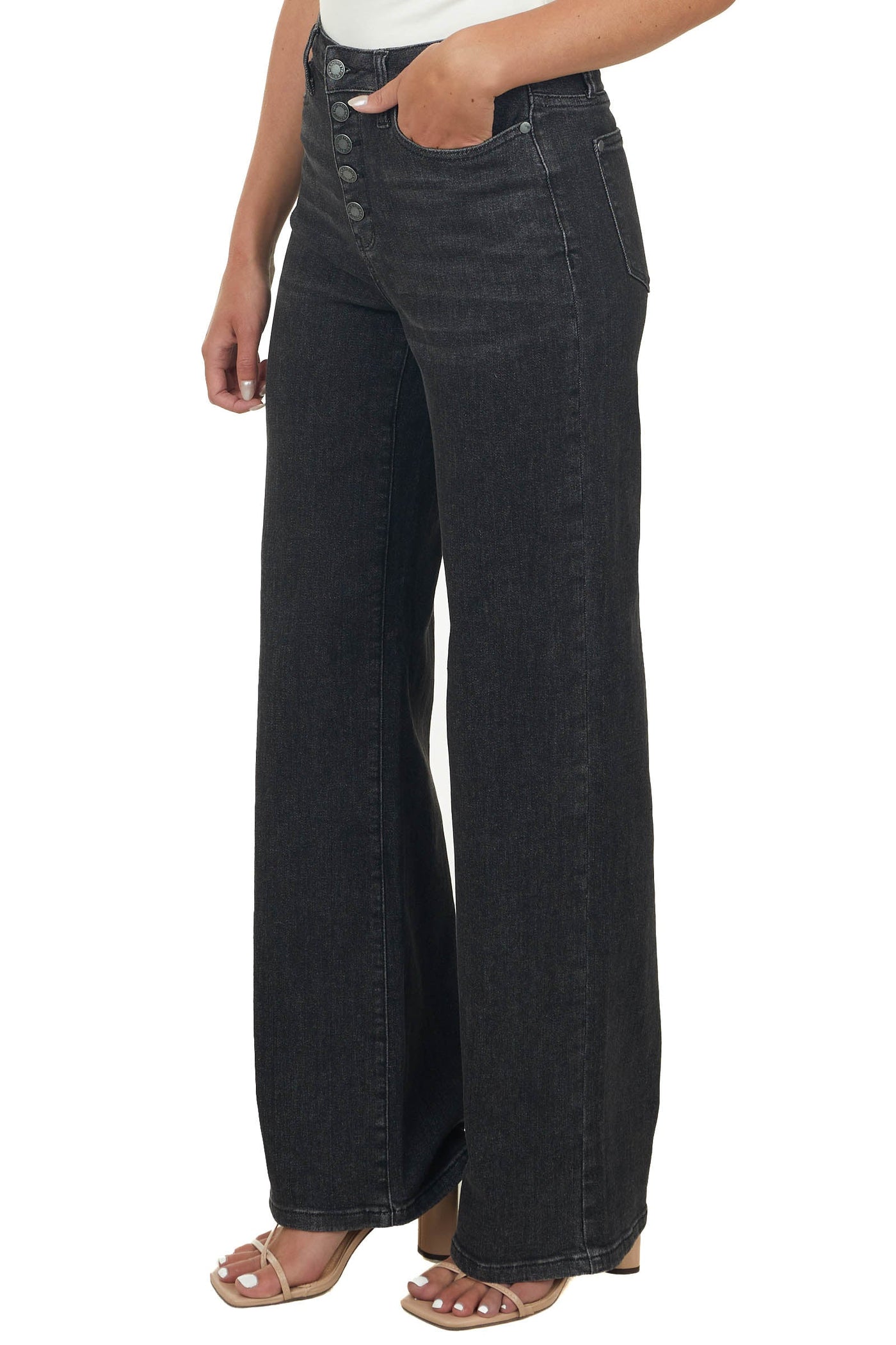 Washed Black High Rise Button Fly Wide Leg Jeans