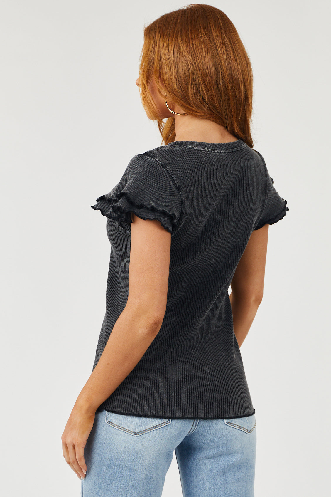 Washed Black Layered Ruffle Sleeve Ribbed Top