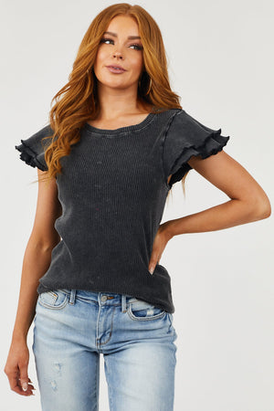 Washed Black Layered Ruffle Sleeve Ribbed Top
