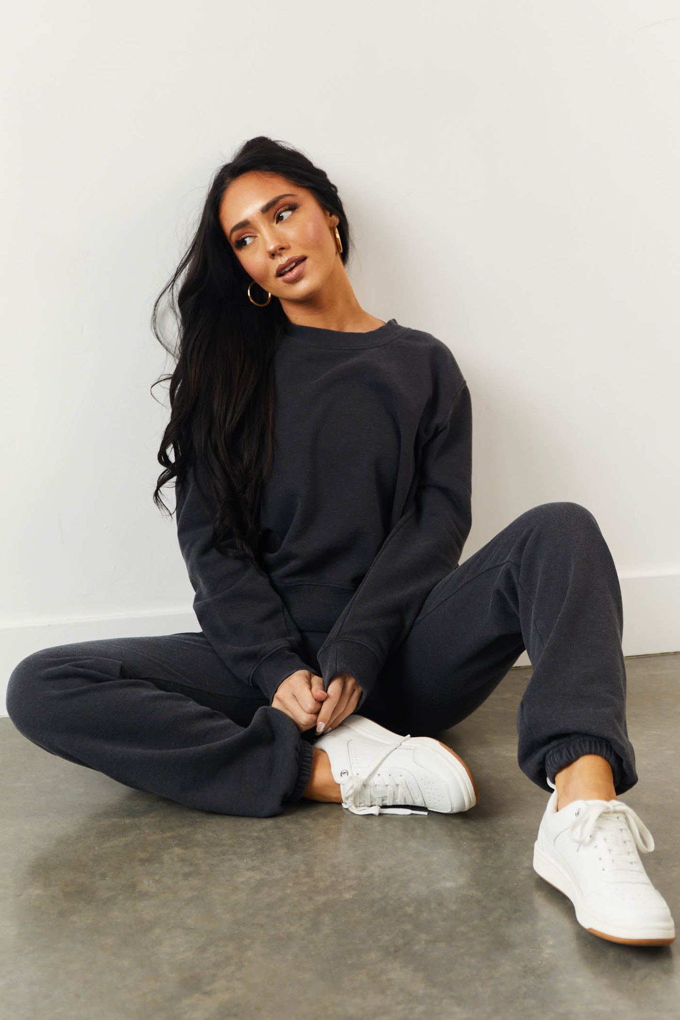 Washed Black Long Sleeve Fleece Lined Sweatshirt