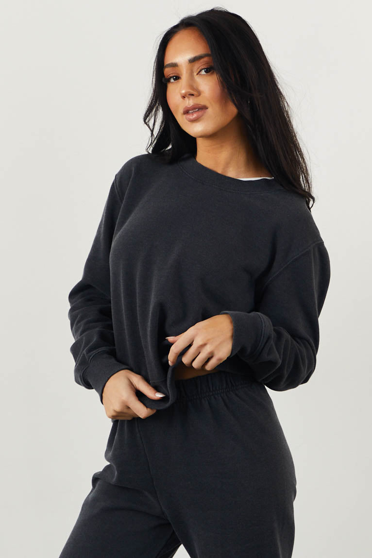 Washed Black Long Sleeve Fleece Lined Sweatshirt